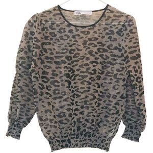 Zara Animal Print Long Balloon Sleeve Blouse Black Tan Small